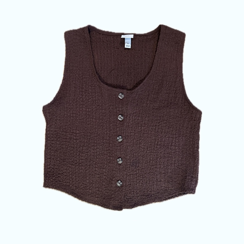 A New Day Textured Brown Cropped Vest Size M Button Front Top